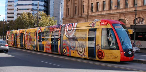 Aboriginal art on a public tram in Adelaide.