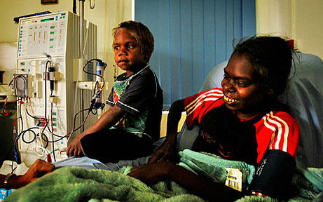 A young Aboriginal woman at hospital for dialysis treatment.