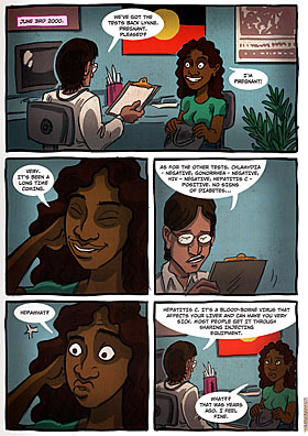 A comic showing an Aboriginal woman in a doctor's practice.