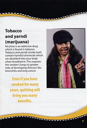 A page from a booklet advertising to give up smoking showing Aboriginal patterns and using Aboriginal language.