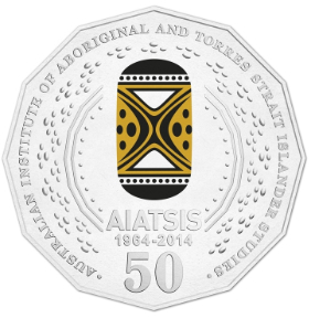 A fifty cents coin showing the logo of the Australian Institute of Aboriginal and Torres Strait Islander Studies.