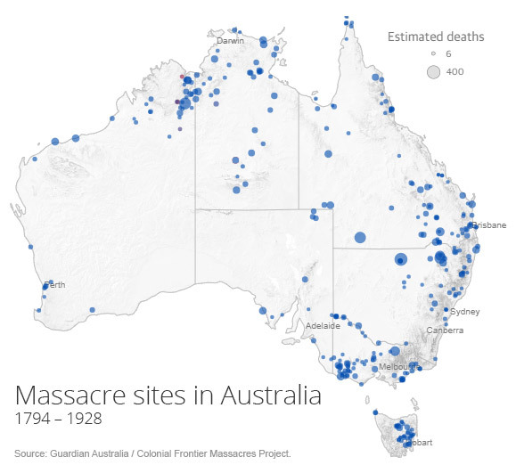 A map of Australia shows massacre sites mainly in the north, east and southeast of Australia.