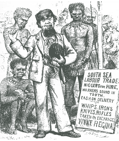 A slave trader advertises half naked people next to a sign saying 'South Sea Labour Trade: Niggers for hire'.