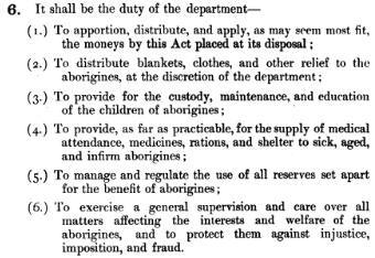 Excerpt of the Aborigines Act 1905 listing areas of life that authorities have control over.