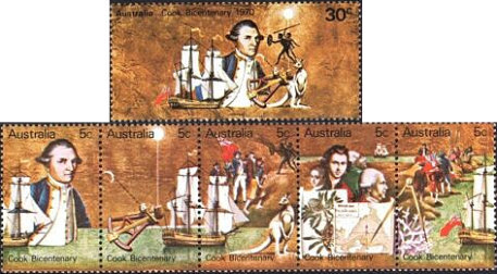 A series of stamps showing Captain Cook, his ship, a sextant, maps and crew.