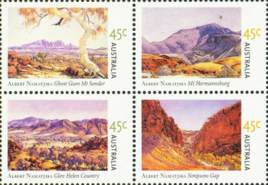 A set of four stamps showing landscapes of desert and hills in Central Australia.