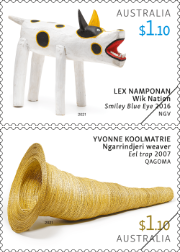 One stamp shows the sculpture of a barking dog, the other a funnel made of woven grass.