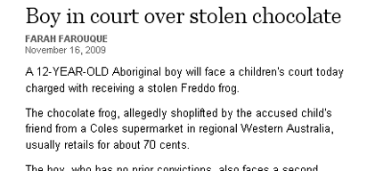 Extract of newspaper article: Boy in court over stolen chocolate.