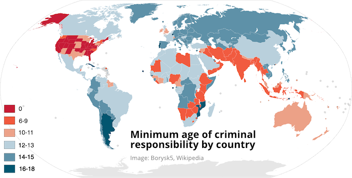 Most countries have an age of 12 and above. Countries in Africa, south-west Asia and the USA have ages lower than that.