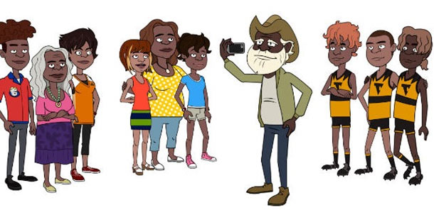 Illustration of a man taking a selfie in a group of First Nations youth.