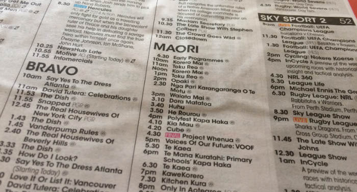 Detail of a newspaper's TV program showing a heading "Maori".