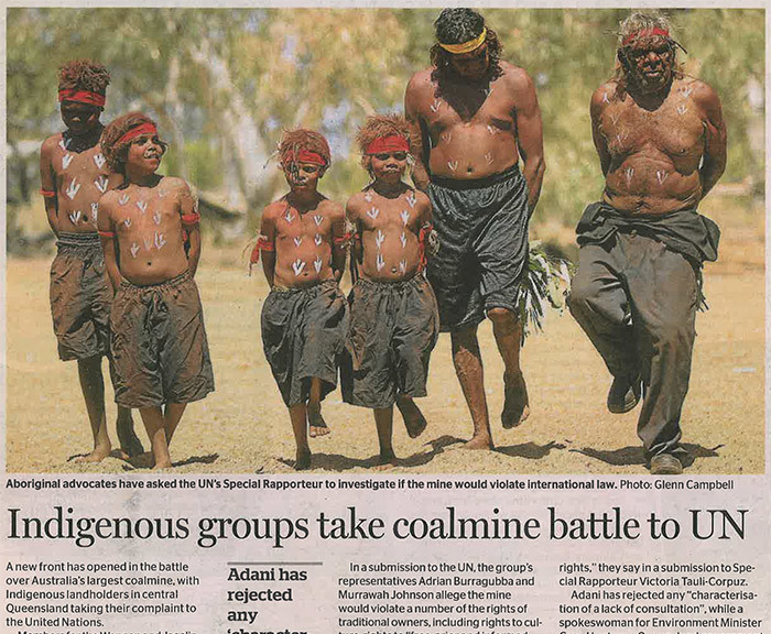 Newspaper clipping of an article titled 'Indigenous groups take coalmine battle to UN'.
