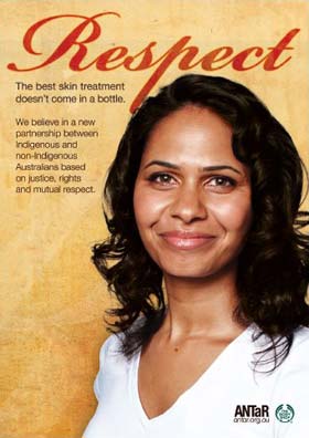 A poster showing a woman with brown skin smiling.