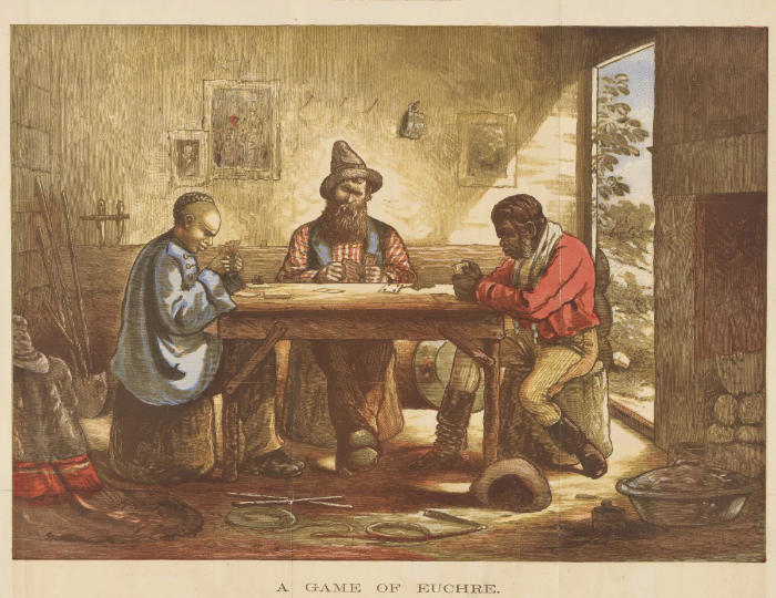 A wood engraving showing a Chinese, caucasian and Aboriginal man sitting at a table playing cards.