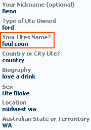 Racist usage of 'Foul Coon' in a car forum profile.