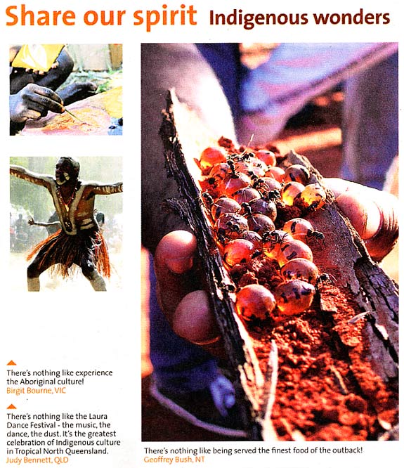 Detail from an advertising feature showing an Aboriginal hand painting, an Aboriginal dancer and a piece of bark with honey ants.