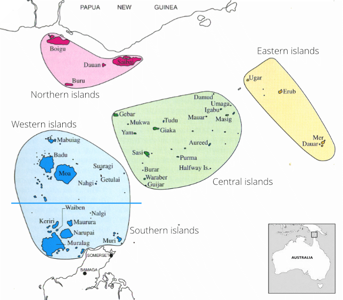 A map showing the five groups of Torres Strait Islands.