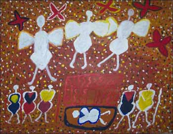 Dot painting showing three white angels atop a manger with Jesus, Maria and Joseph and the three kings.
